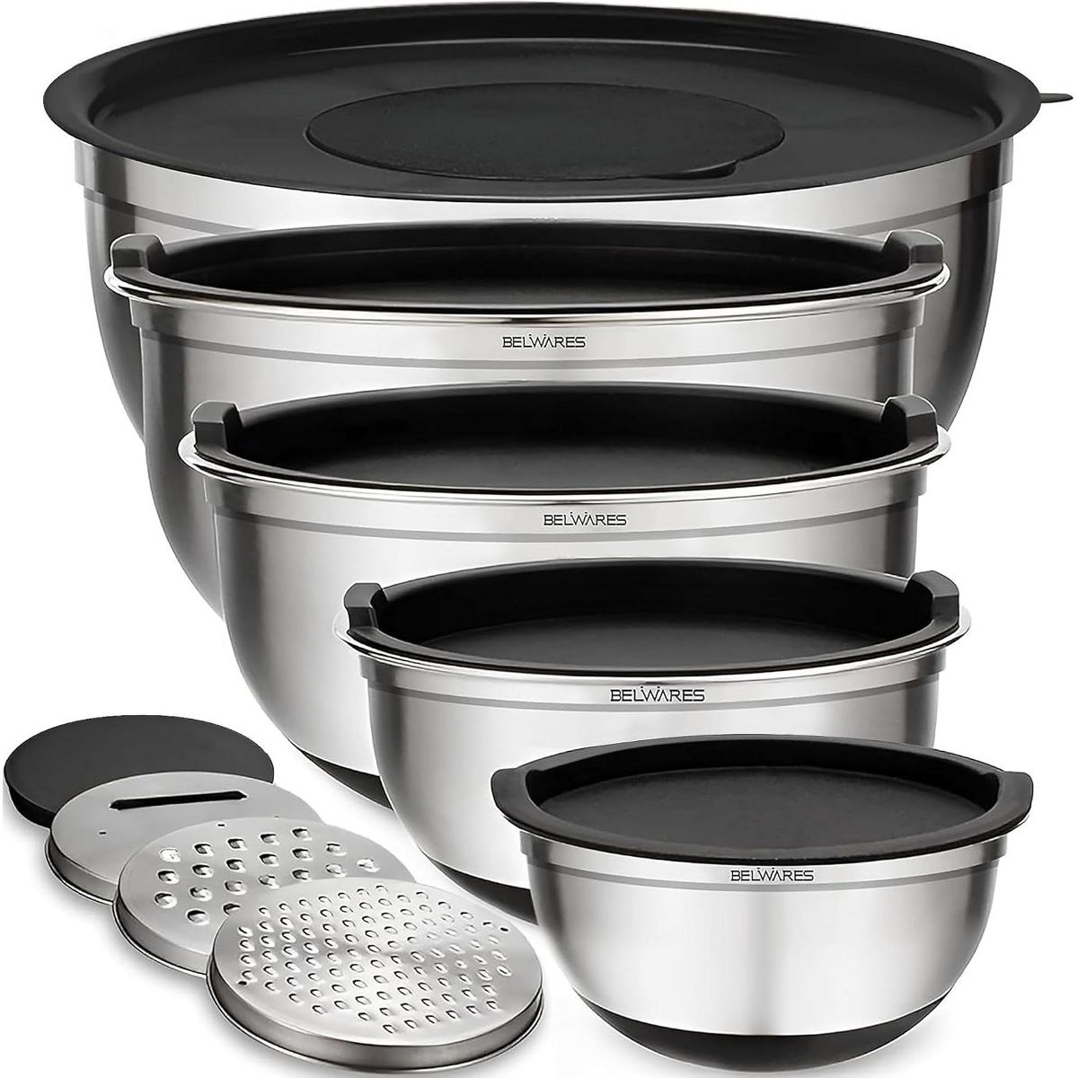 Mixing Bowls with Lids Set - Nesting Bowls with Airtight Lids + Graters - Stainless Steel Non-Slip Mixing Bowl for Baking
