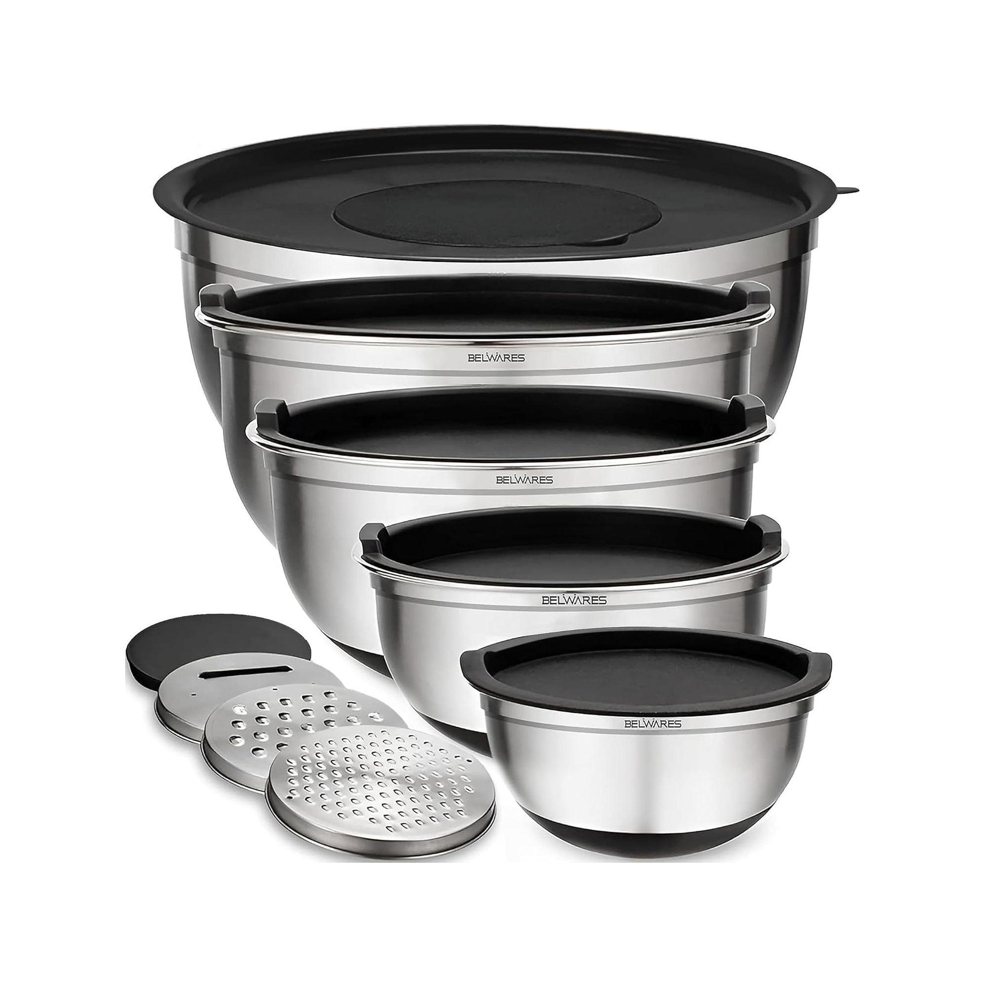Mixing Bowls with Lids Set - Nesting Bowls with Airtight Lids Graters - Stainless Steel Non-Slip Mixing Bowl for Baking, (Black, 5-Piece Set)