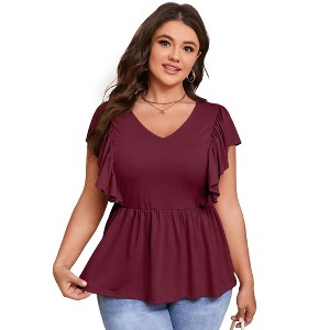 Womens Plus Size Ruffle Peplum Tops Summer Short Sleeve Casual Blouse V Neck T Shirts - 1 of 4