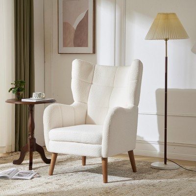 High Back Accent Chair,Upholstered White Teddy Armchair,Mid-Century Modern Comfy Reading Chair with Thick Cushion & Birch Wood Legs-Baofuwish