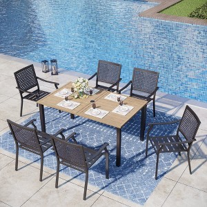 Captiva Designs 7pc Patio Wood-look Steel Dining Table with Umbrella Hole & Stackable Chairs with Bull's Eye Pattern - 1 of 4