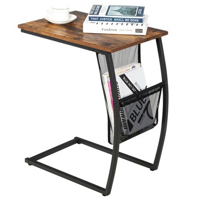 Costway C-shaped End Side Sofa Table Vintage Accent Snack Laptop Tablet w/ Side Pocket