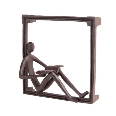 Dark Brown Iron Man Reading on Window Sill Sculpture