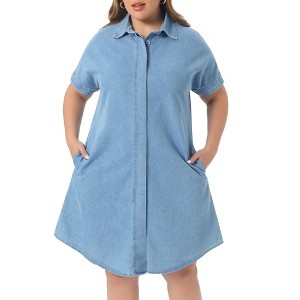 Women's Plus Size Lapel Short Sleeve Button Down Casual Midi Denim Dress  with Pockets