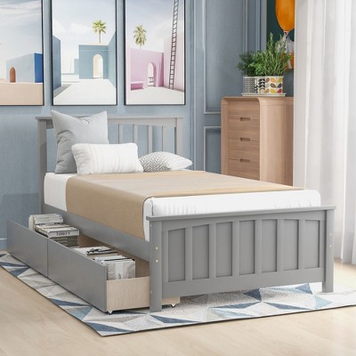CAVINAS Twin Size Simple Wood Platform Bed Frame with Storage Drawers/Trundle,No Box Spring Needed