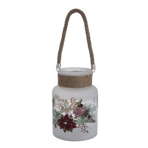 Transpac Glass 6.75 in. Off-White Christmas Poinsettia Hurricane with Woven Handle - 1 of 2