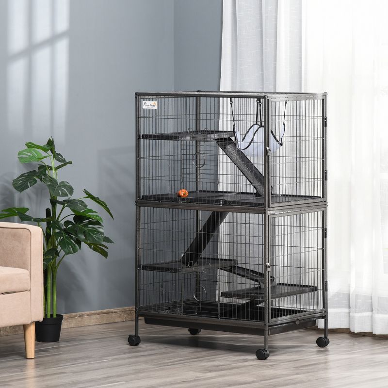 PawHut Small Animal Cage, Ferret Cage, Large Chinchilla Cage with Hammock & Heavy-Duty Steel Wire, Small Animal Habitat with Tray, 2 of 9