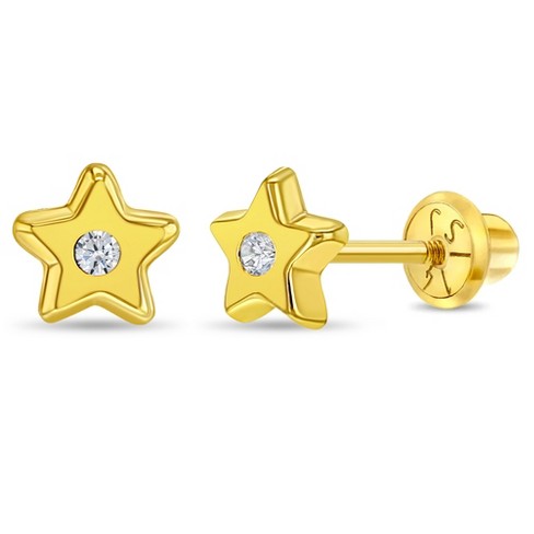 14k Gold Bezel CZ Heart Baby / Toddler / Kids Earrings Safety Screw Ba