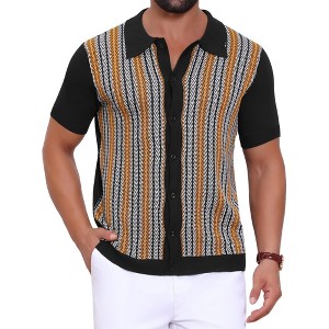 INSPIRE CHIC Men's Striped Knitted Summer Short Sleeves Button Down Jacquard Polo Shirts - 1 of 4