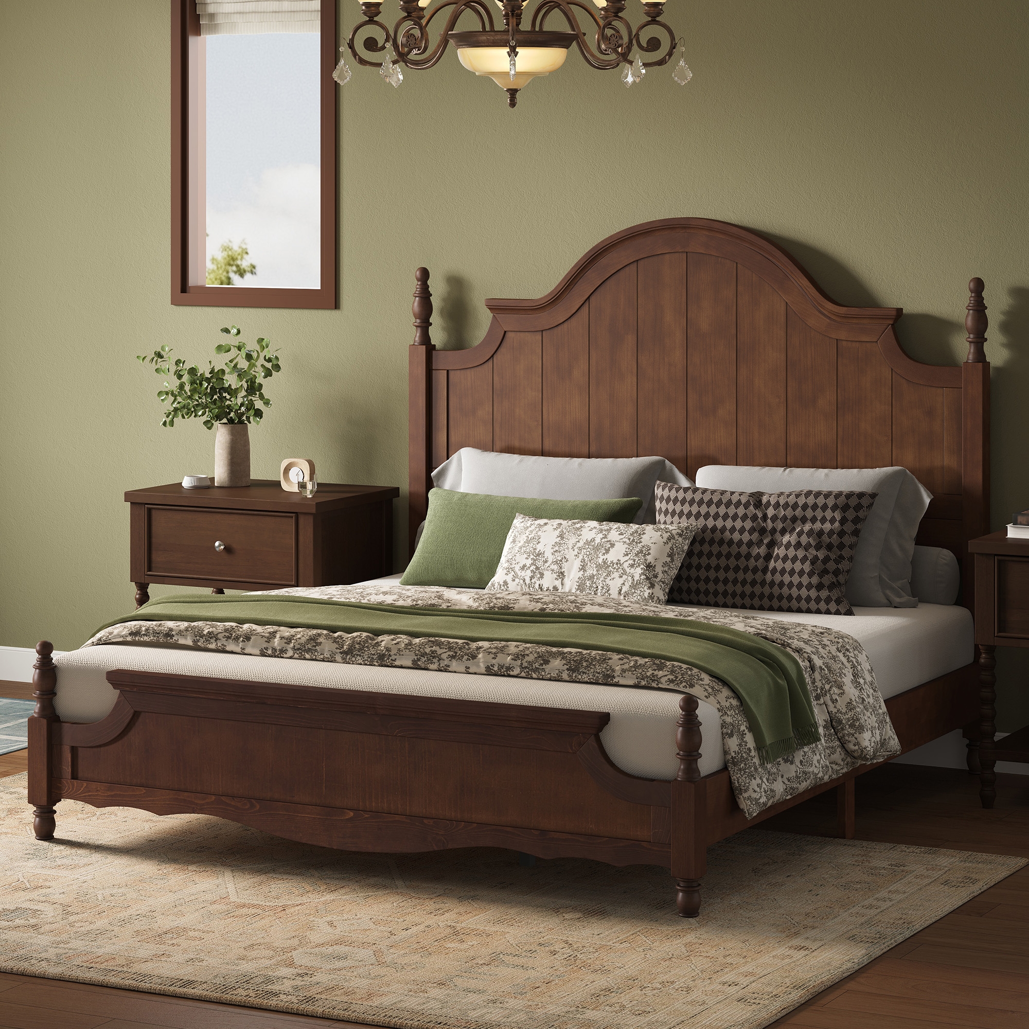 AMERLIFE King Solid Wood Bed Frame with 55" Arched Headboard, Wood Slats, Dark Walnut