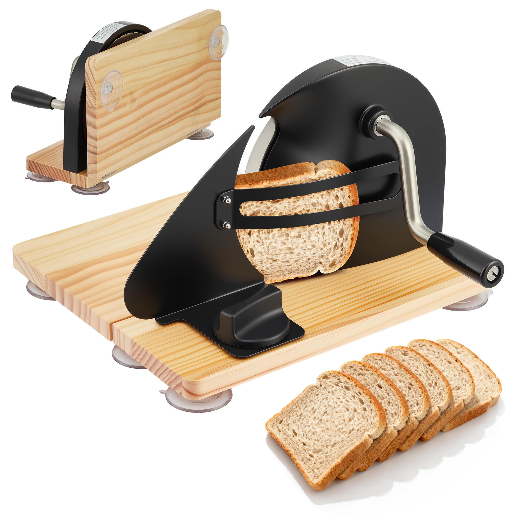 Manual Bread Slicer with Hand Crank, Adjustable Thickness Bread Cutter, Foldable Wooden Bread Slicing Guide for Homemade Baking