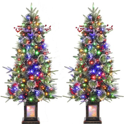 3/4.5ft Prelit Snow Flocked Artificial Christmas Tree with 8-Mode Warm White LED & Sturdy Base- Indoor/Outdoor Xmas Tree for Home,Office,Yard