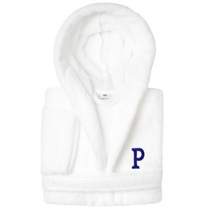 Personalized Linum Kids 100% Polyester SUPER PLUSH Double Brushed Hooded Bathrobe in Navy Bookman Font - 1 of 3