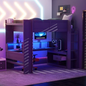 Okak Full/Twin Size Wooden Loft Bed with Desk & Multi-storage Shelves,Bunk Bed with LEDs,Charging Station,Multi-Functional Loft Beds for Kids,Teens - 1 of 4
