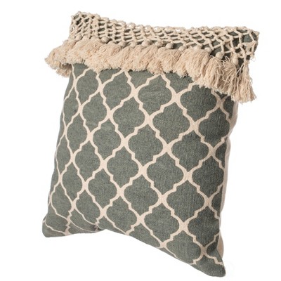 16" Handwoven Cotton Throw Pillow Cover with Ogee Pattern and Tasseled Top