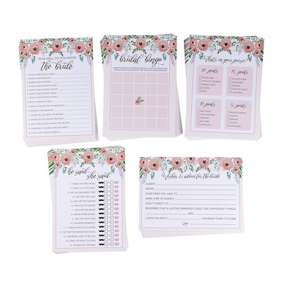 5-Set Bridal Shower Game Cards, Watercolor Floral Wedding Party Activity Supplies Including Bingo, He Said She Said, Marriage Advice, Up to 50 Guests