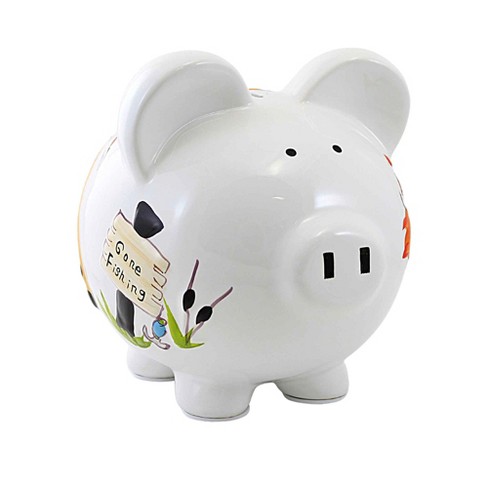 Pearhead Ceramic Piggy Bank - Gray with White Polka Dots