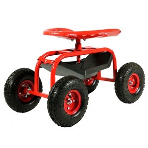 Sunnydaze Outdoor Lawn and Garden Heavy-Duty Steel Rolling Gardening Cart with Adjustable Height Swivel Chair, Tool Tray, and Basket - 1 of 4