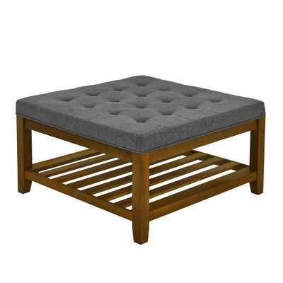 Zeus & Ruta Tufted Linen Large Square Ottoman with Beech Wood Shelf and Frame, Dark Gray