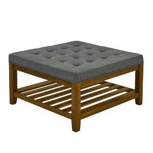 Zeus & Ruta Tufted Linen Large Square Ottoman with Beech Wood Shelf and Frame, Dark Gray - 1 of 4