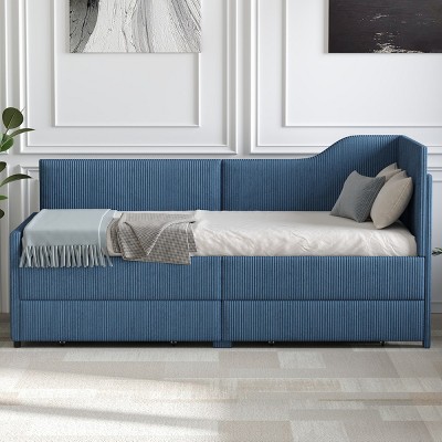 Twin Size L-Shaped Upholstered Daybed with Corduroy Finish and 2 Storage Drawers for Kids or Guest Room-Cuddlewood