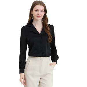 Allegra K Women's Elegant Collar V Neck Long Sleeve Work Office Satin Button Down Shirt - 1 of 4