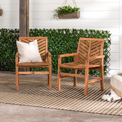 Set of 2 Brown Chevron Slatted Acacia Wood Patio Chairs
