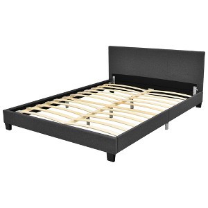 Costway Queen Upholstered Platform Bed Frame with Linen/PU Headboard Wood Slat Gray/Black - 1 of 4