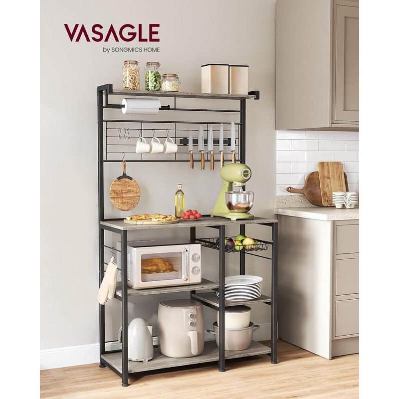 VASAGLE Bakers Rack with Magnetic Knife Holder, Paper Holder, Wire Basket, 8 Hooks, Organizers and Storage, Baker's Rack with Wire Basket, 2 of 10