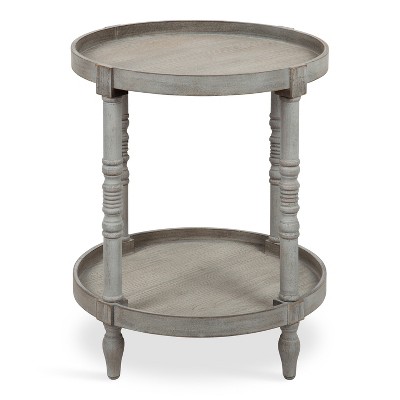 Bellport Classic Round Wood Side Table with Lower Shelf, Distressed Gray