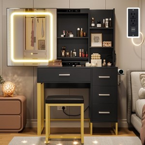 Vanity Desk with Mirror and Lights, Power Outlets, Chair, Hairdryer Holder, 4 Drawers, 5 Shelves, Makeup Table - 1 of 4