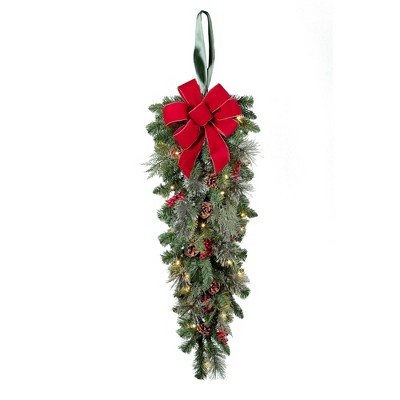 Haute Décor 36" Battery Operated Pre-Lit Greenery Artificial Christmas Teardrop Swag Green with White Lights