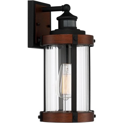Black and Dark Faux Wood Industrial Outdoor Wall Light with Clear Glass