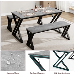Table with Benches, Dining Table Benches Set for 4, Rectangular Kitchen Table Set with Sturdy Metal Frame, for Kitchen, Dining Room, Apartment - 1 of 4