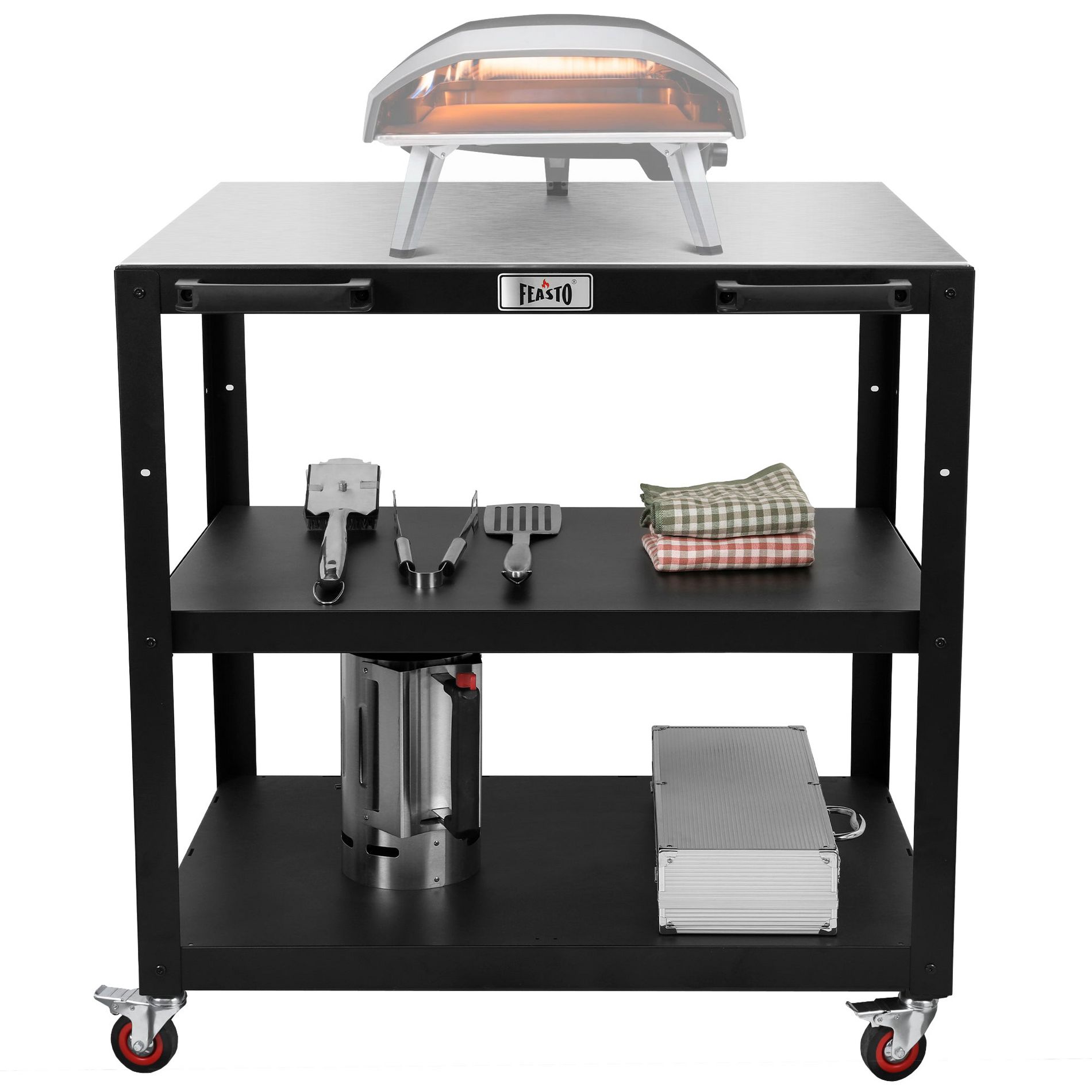 Feasto 3-Shelf Movable Pizza Oven Table for Outdoor, 304 Stainless Steel Grill Cart - Add to cart and enjoy an additional 10% discount！
