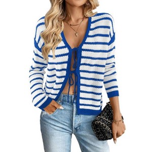 Coolmee Women's Tie Front Cardigan Long Sleeve Rib Knit Shrug Sweaters Crop Tops - 1 of 4