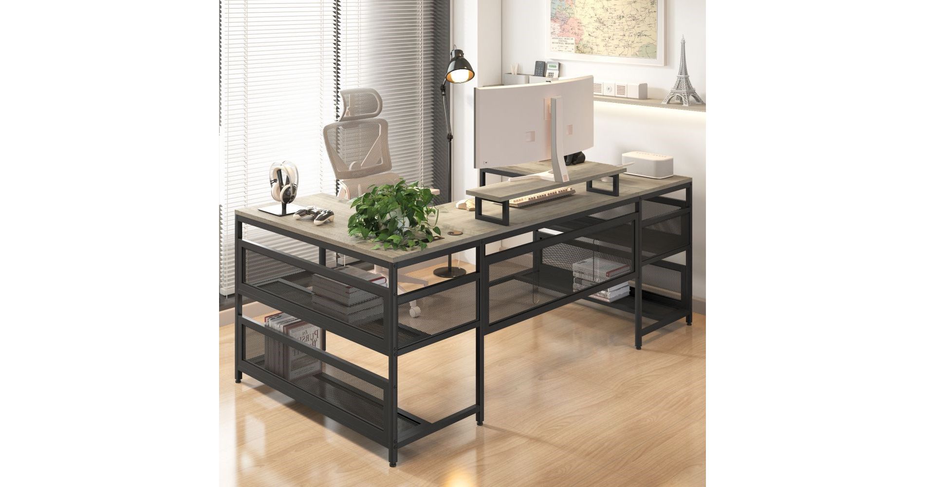U-shaped Desk, Reversible L Shaped Desk With Shelve, Corner Computer Desk With Storage Shelves, Monitor Stand, Office Desk