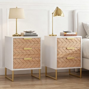 Gulches Nightstand Set of 2, Modern 3-Drawer Bedside Tables with Zig Zag Design, White Gold Side End Tables for Bedroom Livingroom - 1 of 4