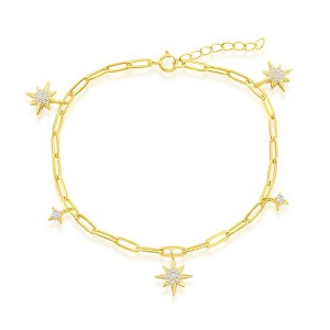 Bella Silver Sterling Silver North Star CZ Paperclip Bracelet - Gold Plated - Gold - 7+1 Inch - 1 of 2
