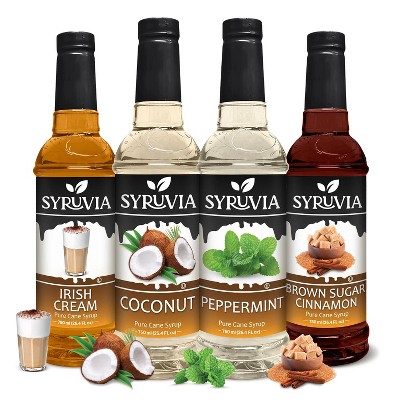 Syruvia Coffee Flavors Variety Pack: Irish Cream, Brown Sugar Cinnamon, Coconut & Peppermint 25.4 fl oz Syrup