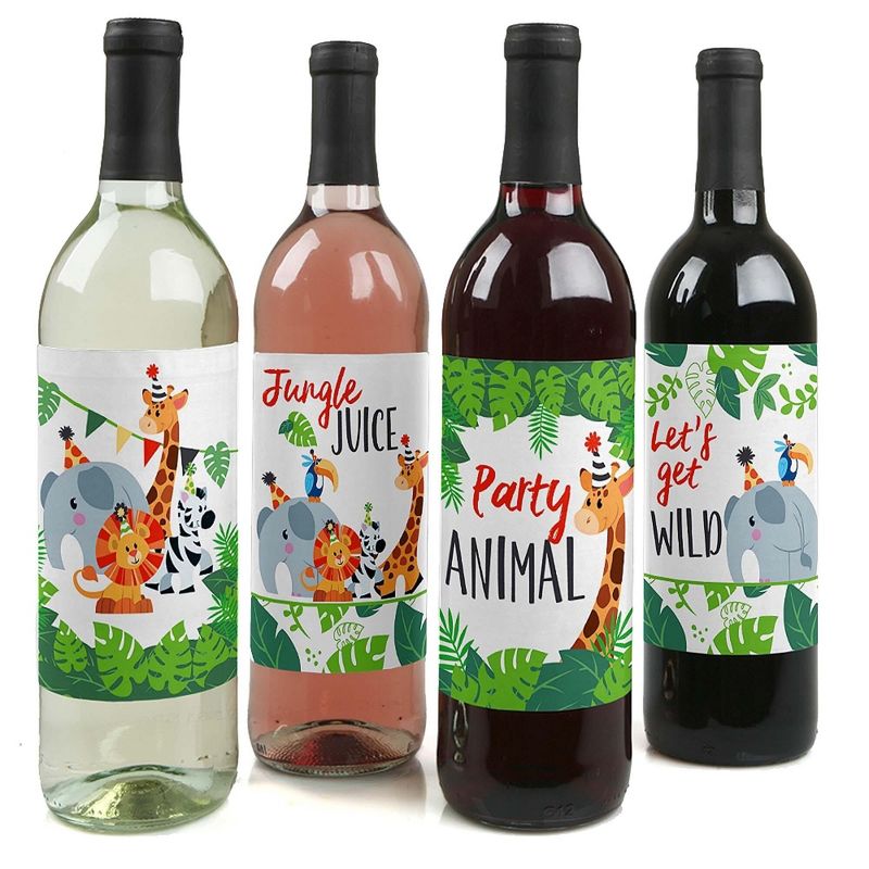 Big Dot of Happiness Jungle Party Animals - Safari Animal Birthday Party or Baby Shower Decor for Women & Men - Wine Bottle Label Stickers - Set of 4, 1 of 9