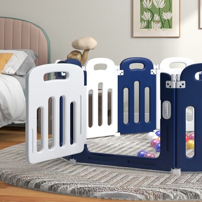 Blue and White Foldable Baby Playpen with Anti-Slip Base