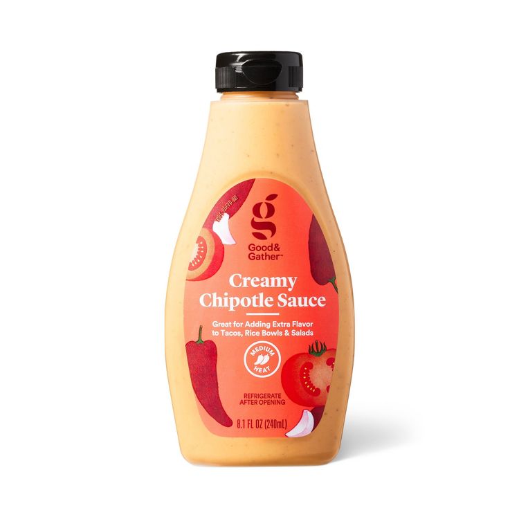 A bottle of Good & Gather Creamy Chipotle Sauce with a label indicating medium heat and a volume of 8.1 fl oz (240 ml).