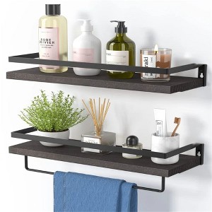 Angel Sar Bathroom Shelf with Towel Bar, Set of 2 Rustic Floating Wall Shelves, Solid Paulownia Wood Storage - 1 of 4