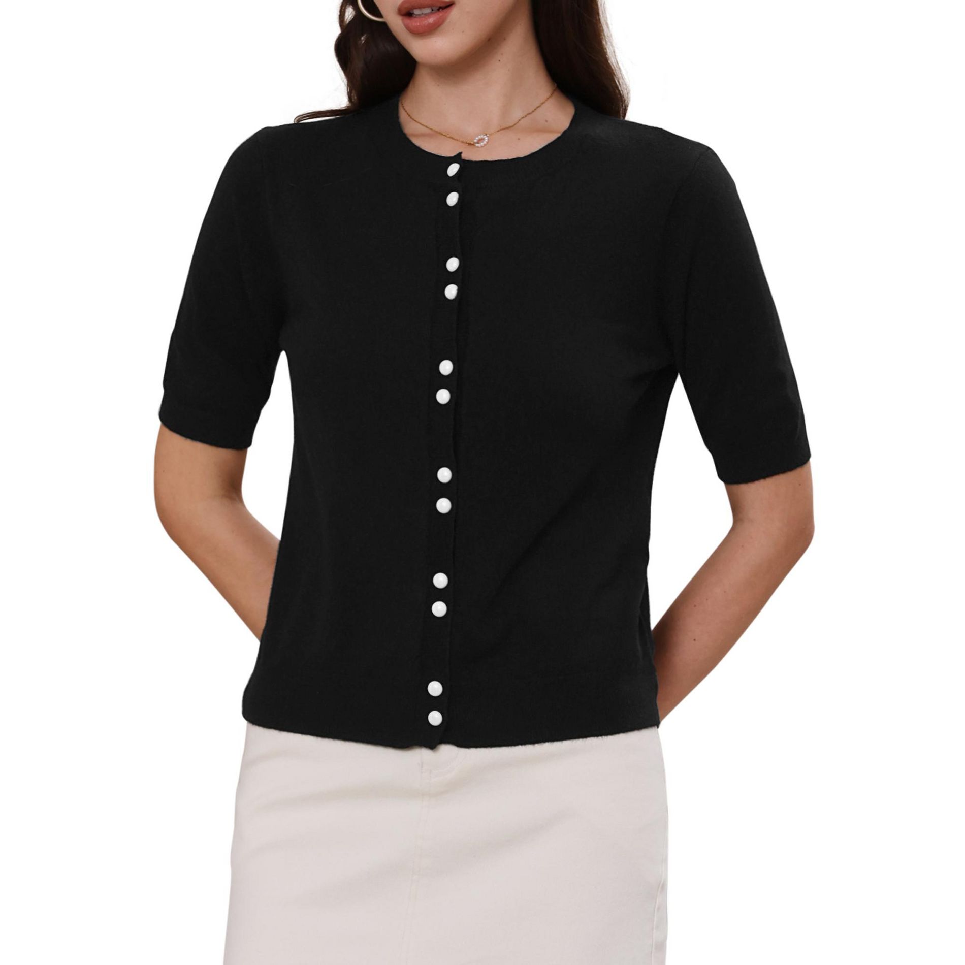 INSPIRE CHIC Women's Button Down Knit Lightweight Crew Neck Puff Short Sleeve Casual Sweaters