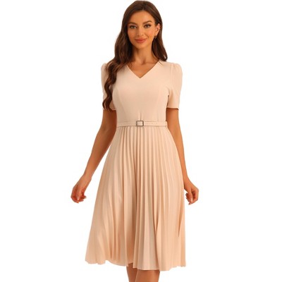 Allegra K Women's V-Neck Short Sleeve Belted A-Line Work Pleated Dress