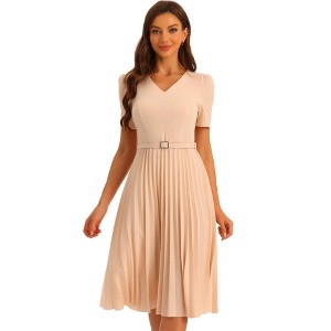 Allegra K Women's V-Neck Short Sleeve Belted A-Line Work Pleated Dress - 1 of 4