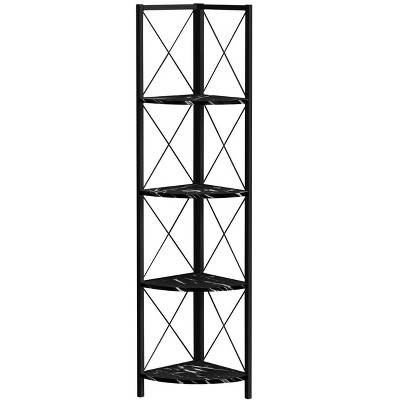 Bookshelf, Bookcase, Etagere, Corner, 4 Tier, 60"h, Office, Bedroom, Black Marble Look Laminate, Black Metal, Contemporary, Modern