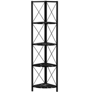 Bookshelf, Bookcase, Etagere, Corner, 4 Tier, 60"h, Office, Bedroom, Black Marble Look Laminate, Black Metal, Contemporary, Modern - 1 of 4