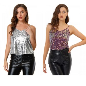 Allegra K Women's Sequined Shining Adjustable Straps Party Sparkle Cami Top 2 Packs - 1 of 4